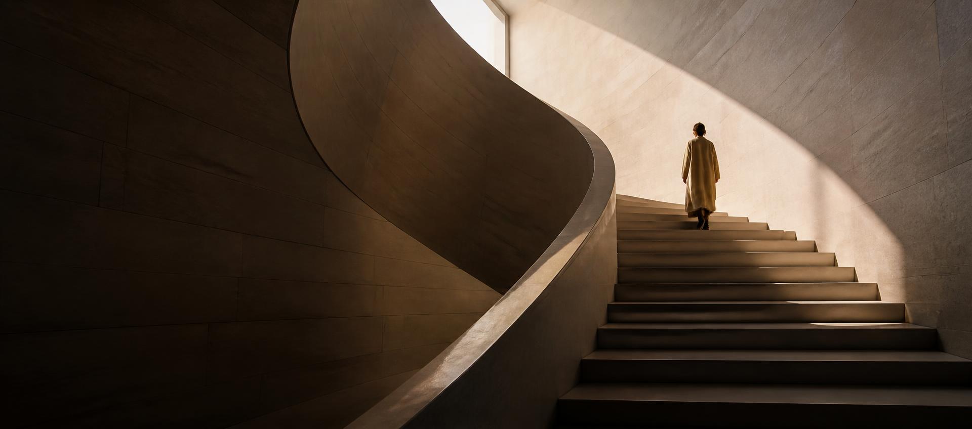 A single figure ascending a sculptural staircase in warm light