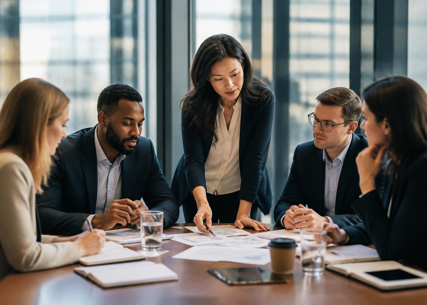 Leadership team working through a decision around a conference table