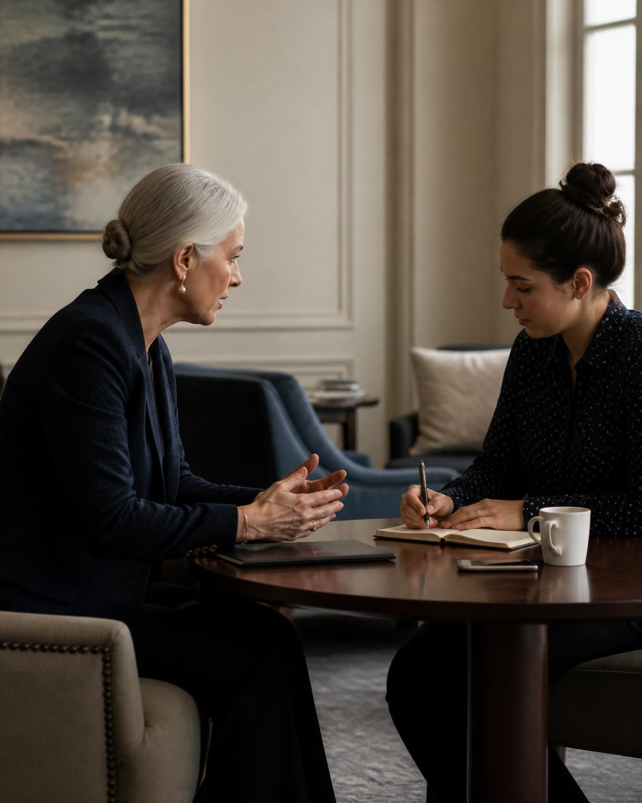 A senior leader coaching an emerging leader in a one-on-one conversation
