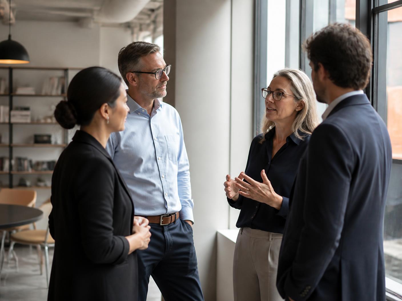 A leadership team in conversation beside a window