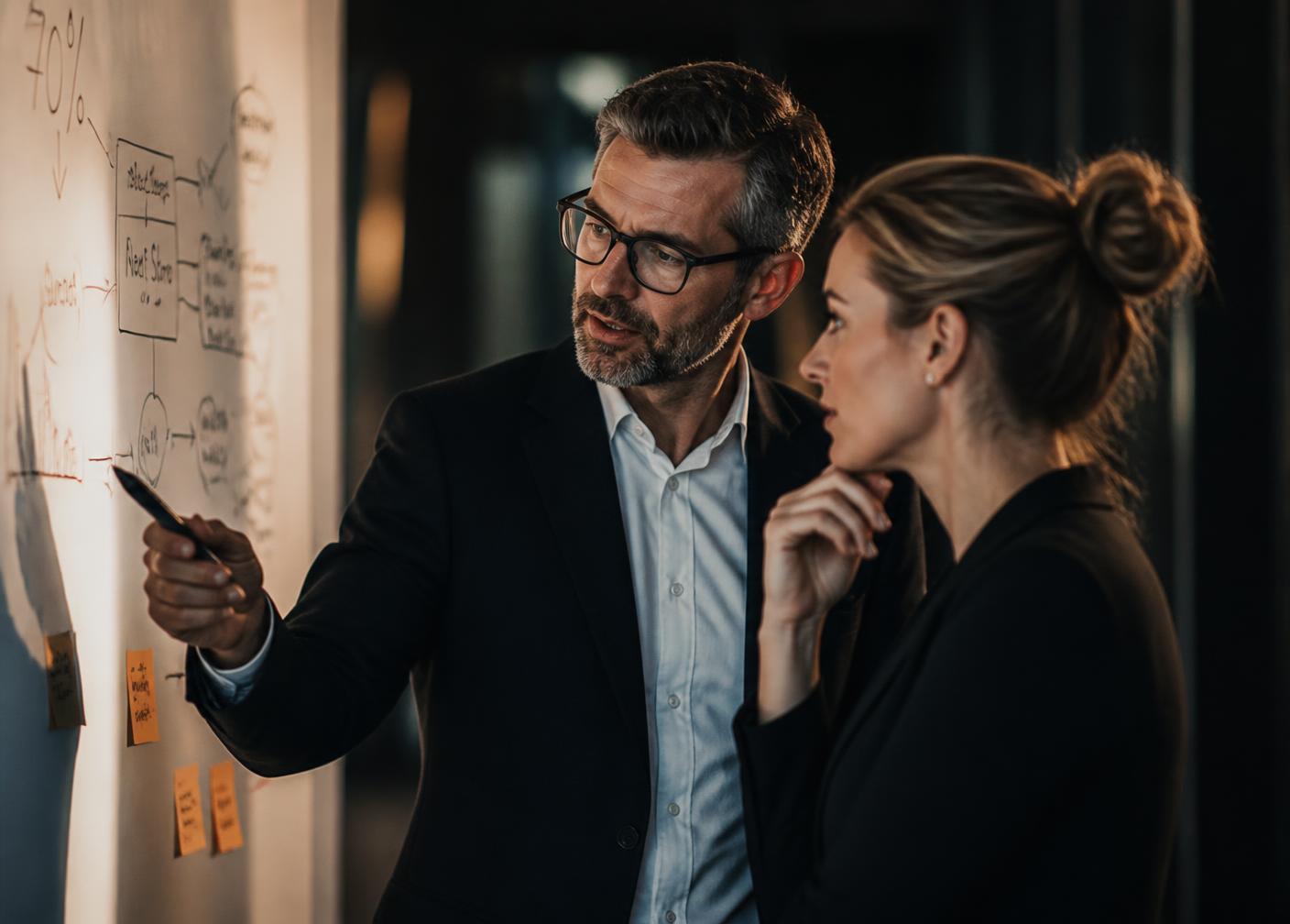 Two executives in focused discussion over a strategic decision