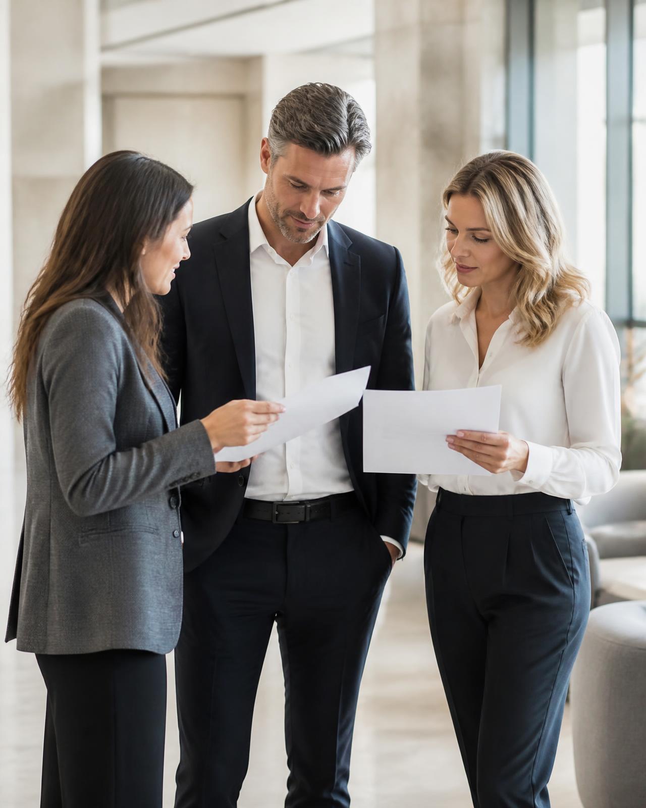 Three professionals reviewing materials together in a modern space